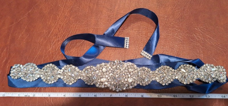 Beautifully Beaded and Navy Blue Satin Sash Belt