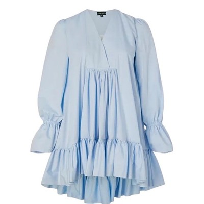 AZEEZA Thistle Poplin Dress XXL Baby Blue Cotton V-Neck Ruffle Tiered Mini NWT