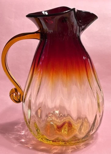 Vintage Blenko Glass Amberina UV Reactive Pitcher GLOWS Fire 10.25” Hand Blown