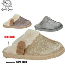 Ladies Glittery Mule Warm Slip On Womens Fur Lined Winter Slippers Shoes Size