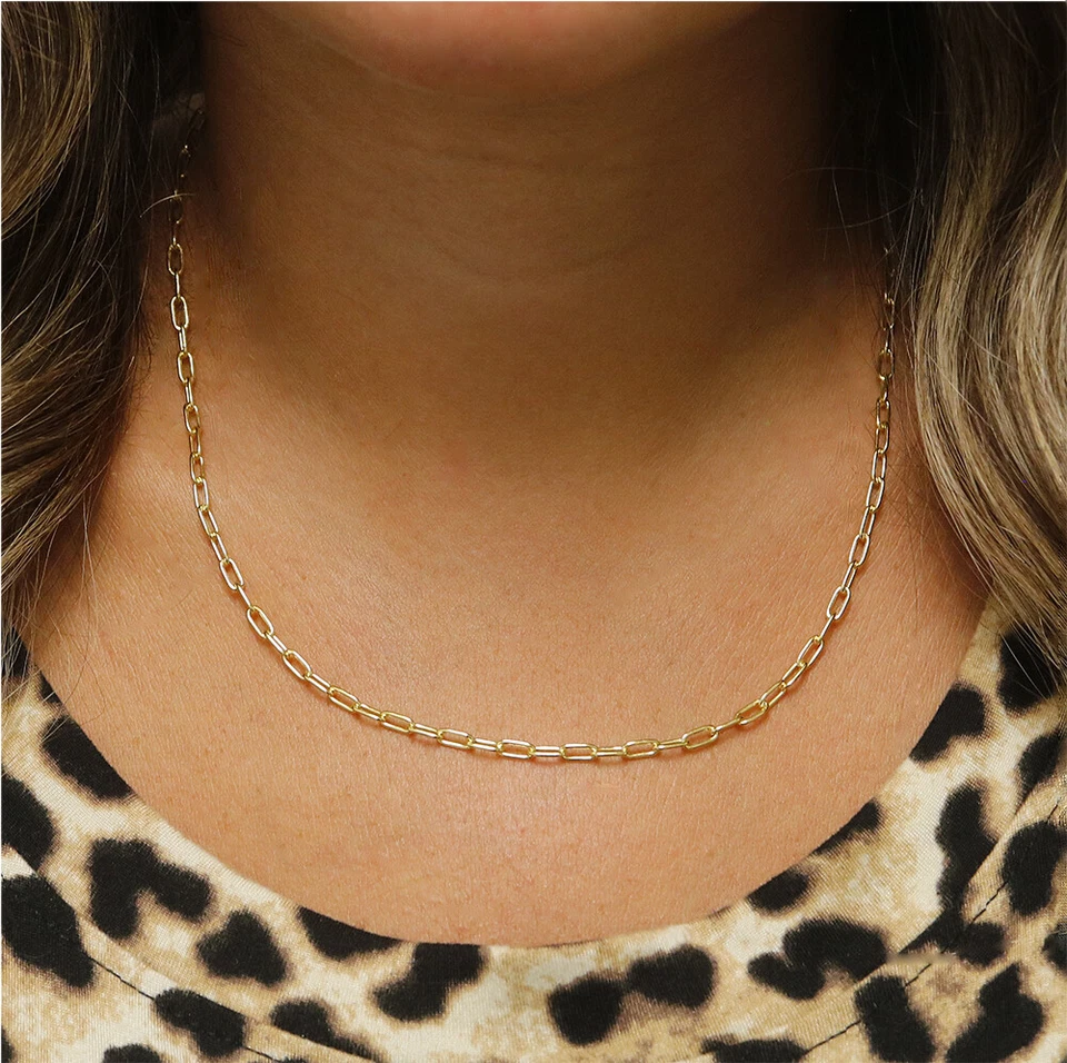 18k Gold Plated 925 Sterling Silver 2mm Paperclip Link Chain Necklace