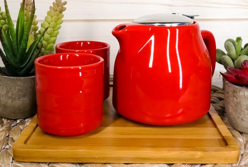 Ebros Luscious Red Contemporary Ceramic Double Walled 20 fl oz Tea Pot Set