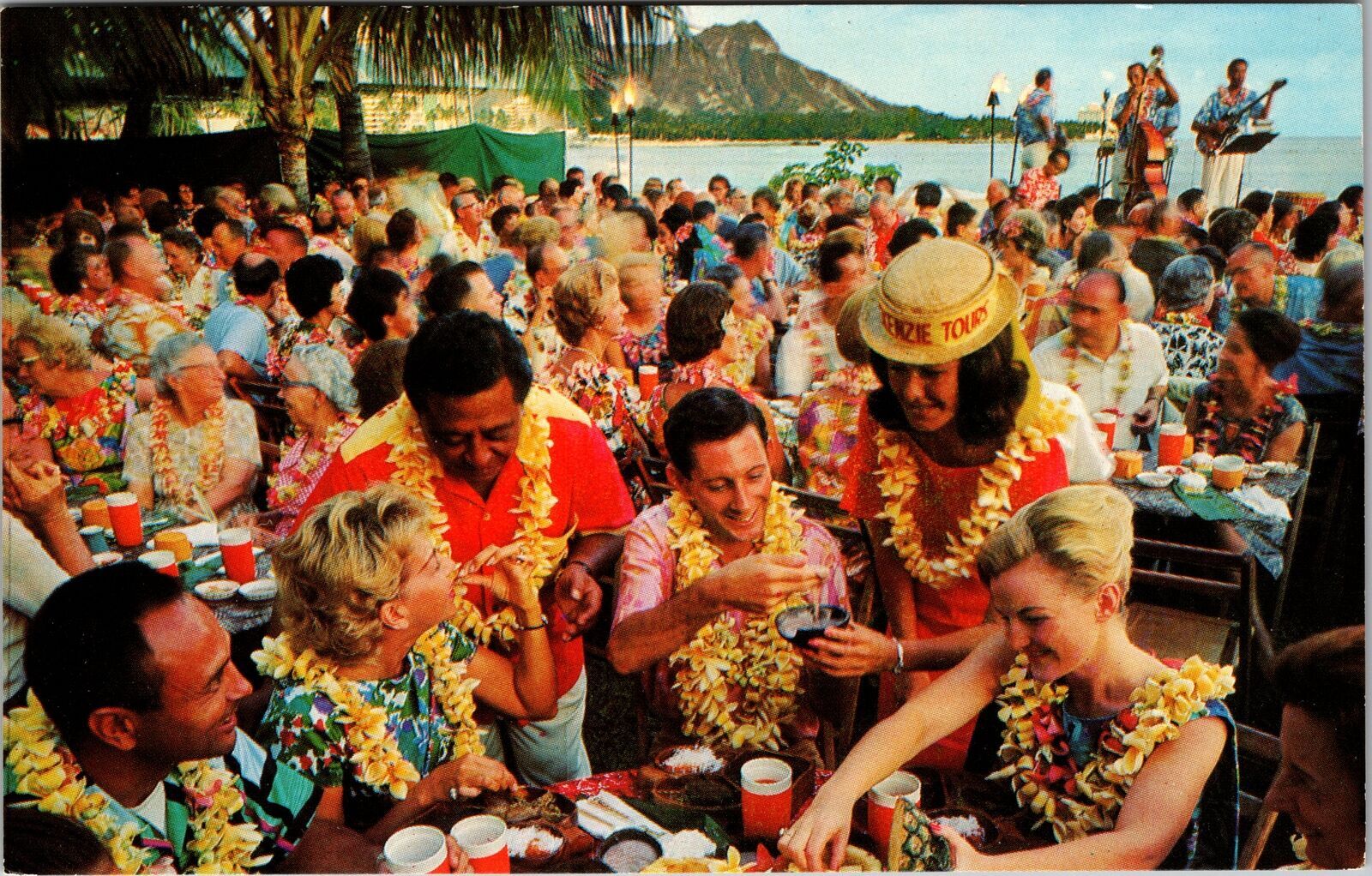 Waikiki Beach Luau with People Vintage Hawaiian Postcard HI