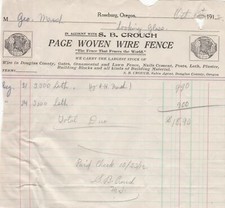 U.S. Page Woven Wire Fence with S.B.Crouch Logo 1912 Lath Paid Invoice Ref 41875