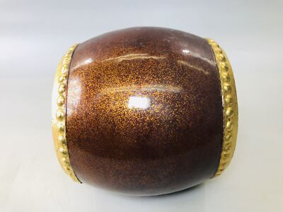 Y5915 OKIMONO Drum figure gold coating wooden stand Japan antique