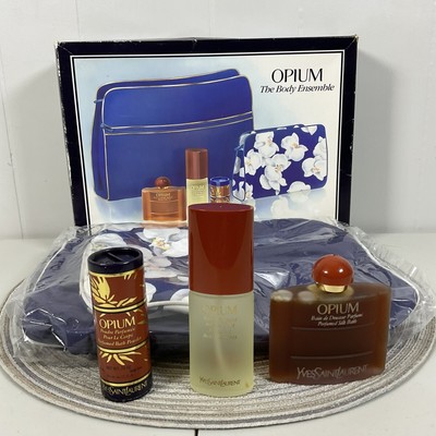 Vintage YSL Opium Perfume Set Body Oil, Powder And Silk Bath New Set With Bags