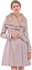 Chicwish Women Sz M $90 Pink Faux Fur Shawl Collar Belted Wool Blend Trench Coat