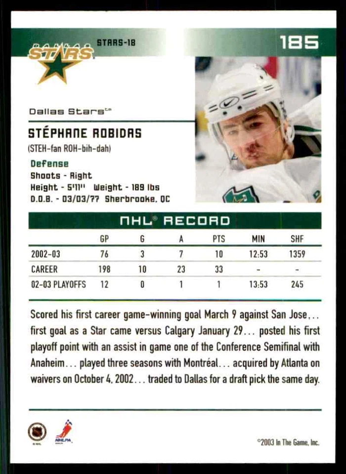 2003-04 In The Game Action Stephane Robidas #185 - Image 2 of 2