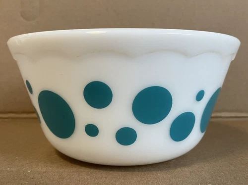 Vintage Hazel Atlas Platonite Milk Glass Turquoise Polka Dot Mixing Nesting Bowl