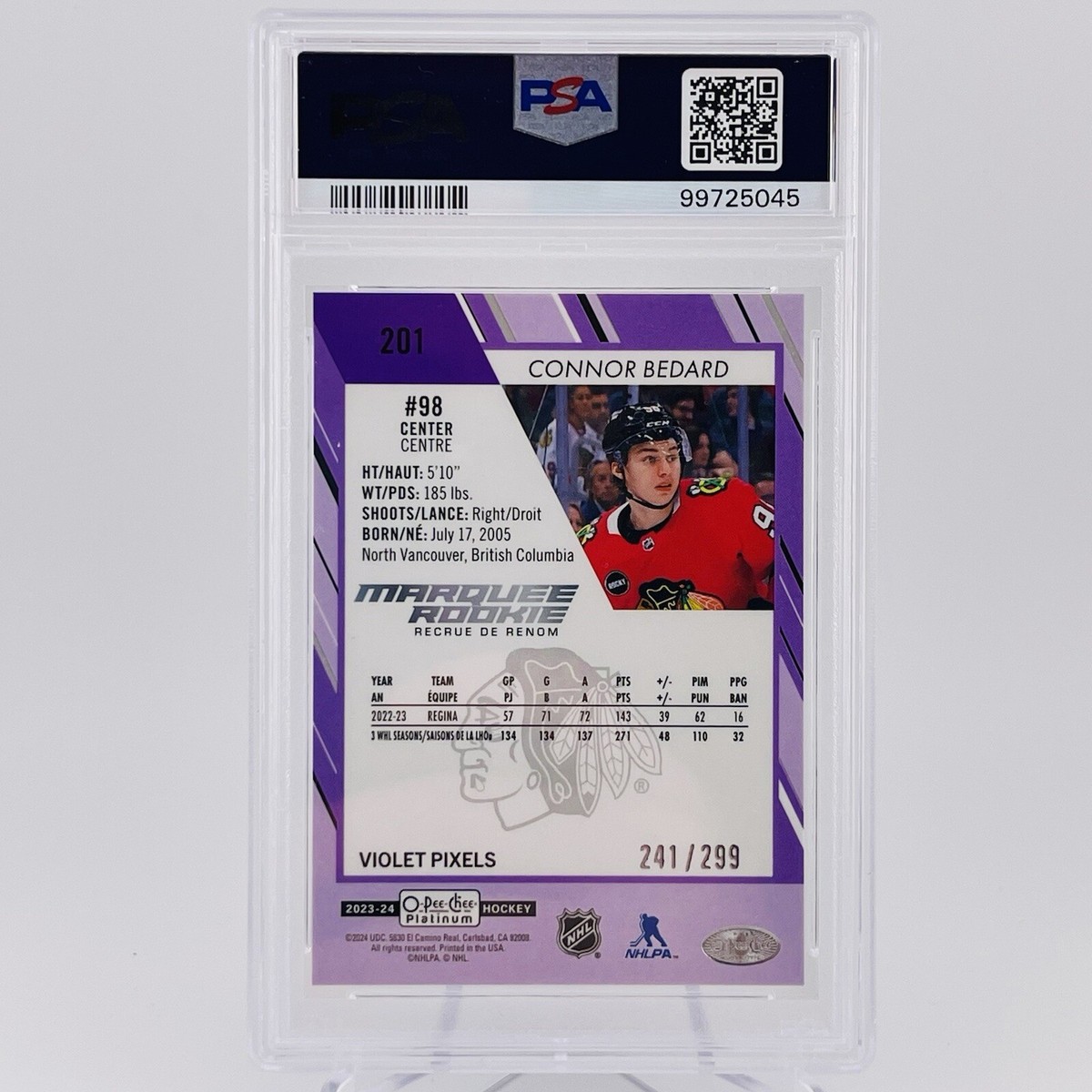 Connor Bedard VIOLET PIXELS /299 PSA 9 💎 2023-24 OPC Platinum