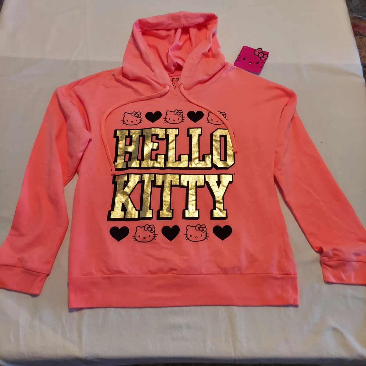 HELLO KITTY on Diamond- Girls lg - Long sleeve T-Shirt hoodie black and  pink.