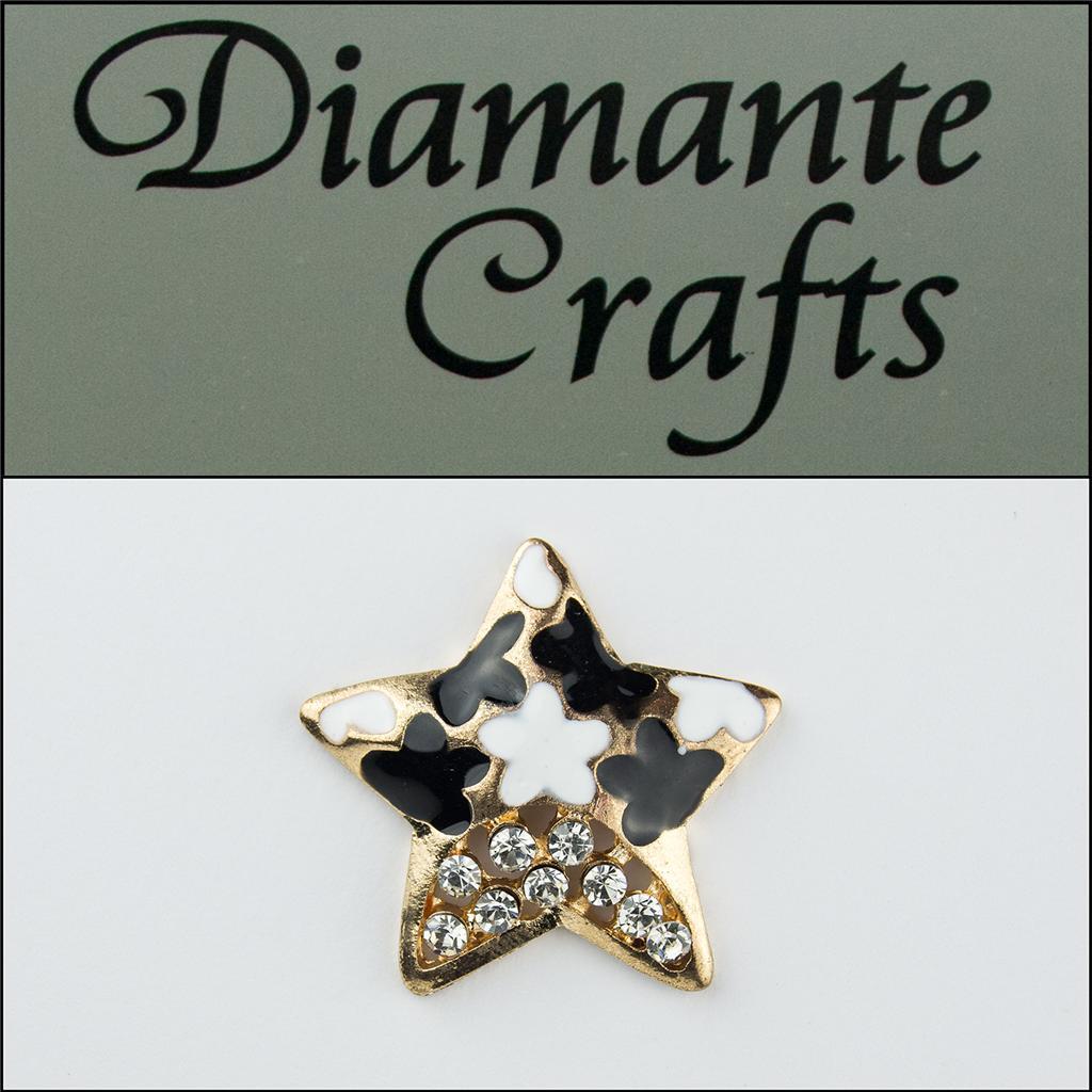 3D Star Gold Alloy Encrusted in Clear Diamantes Black and White Enamel 3ST32013