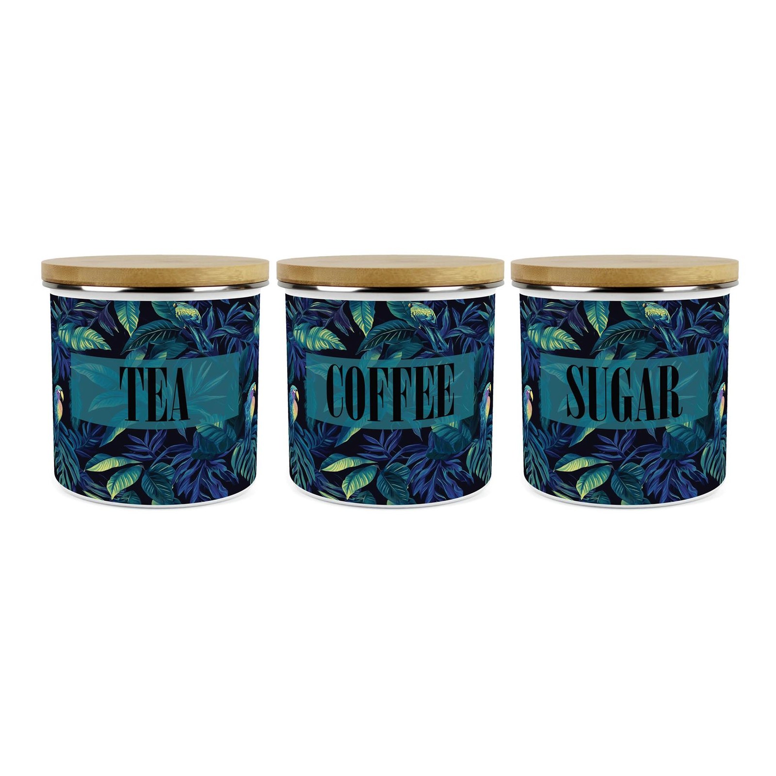 Tropical Parrots Tea Coffee Sugar Canisters - 1.2L Enamel Kitchen Storage Gift