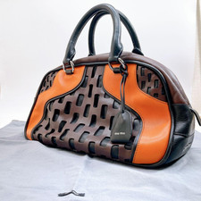 MIU MIU Cutwork Bowling Bag Leather Brown Orange Cadena Handbag Used