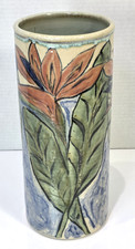 Glazed Tropical Pottery Cylinder Vase Bird of...