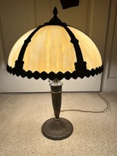 Antique Art Nouveau Slag Glass Six Paneled Table Lamp