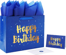 13" Large Blue Gift Bag Set with Greeting Card and Tissue Papers Stars and Gold
