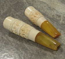 TWO Vintage Hand Carved MEERSCHAUM Cigar Cheroot Holders Tested Bakelite 3  3.5 