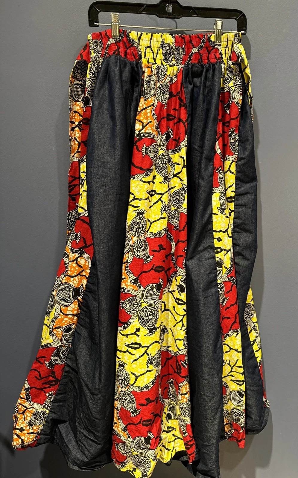 L/XL Cottage Core Prairie Festival Skirt Long Elastic Waist Jean Floral Pockets
