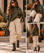 Beige Cargo Parachute Pants XL Baggy Y2K Streetwear Utility