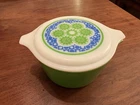 Vintage Pyrex Crazy Quilt 1 Quart Green Blue Casserole Dish and Lid #473