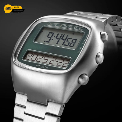 Retro Digitaluhr Dual LCD grünes Zifferblatt Polstergehäuse Stahlarmband 3ATM
