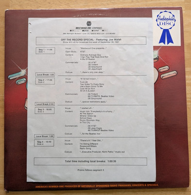 Joe Walsh Off The Record 2 lp music & interview radio show 9/30/91 #91-40