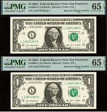 Matching District & Serial Numbers Repeater 2021 $1 FRN PMG 65EPQ 13871387
