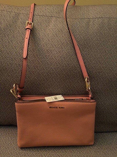 Michael Kors Trisha Crossbody Triple Compartment Zip Bag Pink Pebble Leather