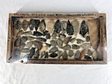 LOT OR COLLECTION OF 54 PREHISTORIC ARROWHEADS IN HOME MADE DISPLAY CASE