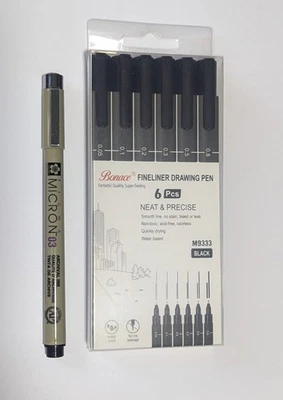 Sakura Pigma Micron 03 + 6 Drawing Pens Set - 0.05-0.8mm - Archival Black Ink