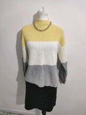 New Look Women Jumper Pullover 10 12 Yellow Grey White Casual Long Sleeve Knit