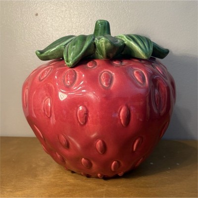 Vintage Cemar Strawberry Ceramic Jar w/ Lid Handle 8in Red Green MPN 769