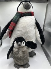 PIER 1 IMPORTS Penguin With Baby in Pouch Plaid Scarf Plush Stuffed Animal 14  