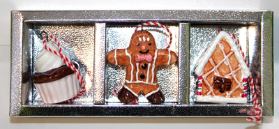 Peppermint Square Mini Christmas Ornaments Set 3 Gingerbread House Man Cupcake