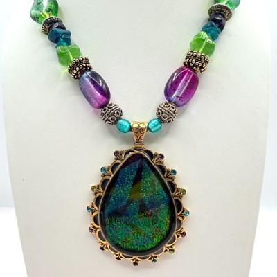 Chicos Gold Tone Art Glass Pendant Necklace Chunky Purple Green Foil Bead Boho