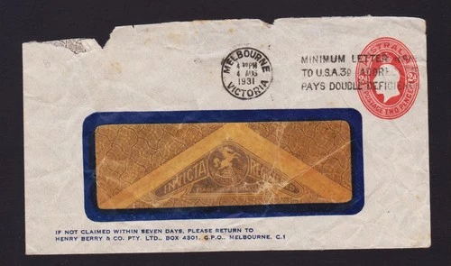 AUSTRALIA PTPO HENRY BERRY KGV 2d RED OVAL 1931 (DAMAGED)