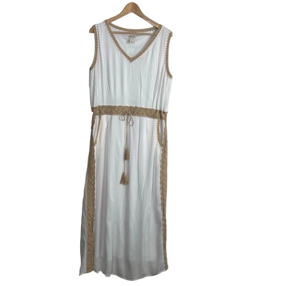 Vestido Chicos Feminino Grande Branco Praia Sem Mangas Crochê Maxi Boho Grego Romano - Imagem 2 de 4