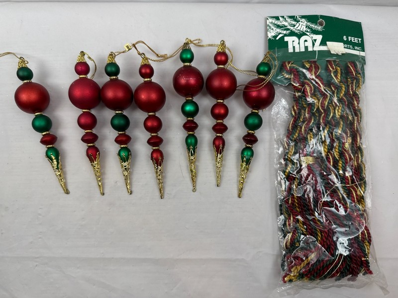 Vintage Burgundy/Green/Gold Christmas Ornaments & NOS Braided Garland