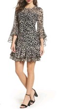Eliza J Womens Size 10 Chiffon Cheetah Dress Gold Speckled Ruffle Bell Sleeve 