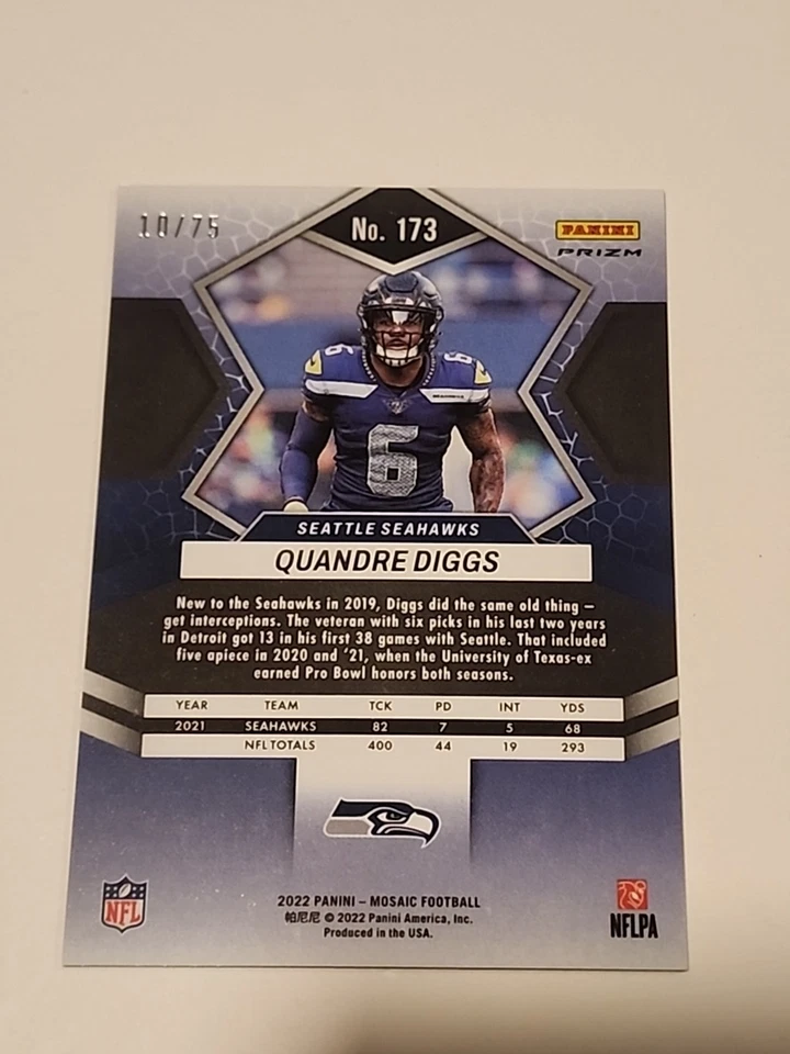 2022 Panini Mosaic Quandre Diggs #173 Blue Mosaic Prizm /75 - Image 2 of 3