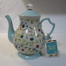Pioneer Woman Stoneware Teapot 2.7 qt "Kari" Light Blue & Multi Color Floral