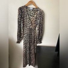 Ganni Women’s Leopard Printed Silk Wrap Dress Tan & Brown Size 36 Maxi