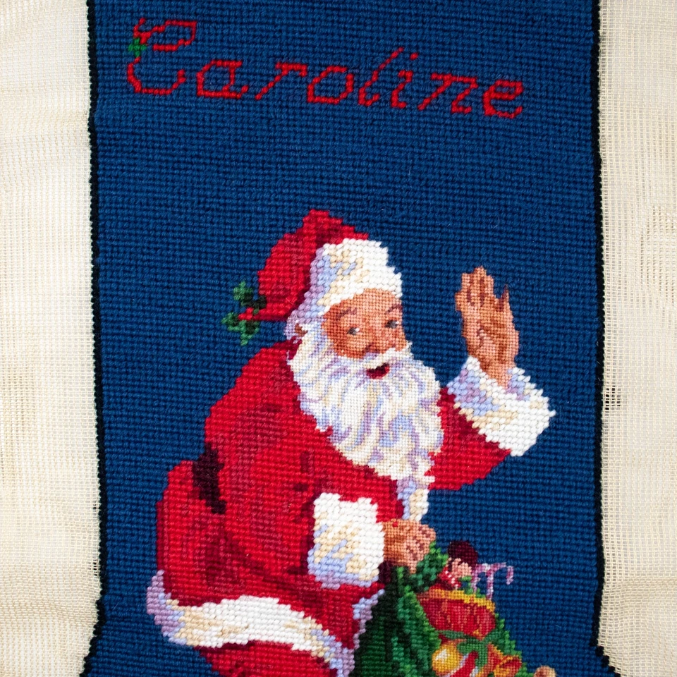 Vintage Needlepoint Petit Point Canvas Christmas Stocking Front Santa Toys Old - Image 4 of 4