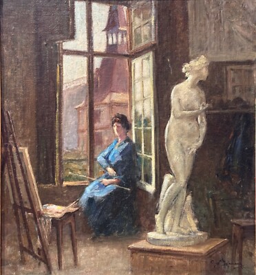 Altes Gemälde Art Nouveau Atelier Schule Von Nancy Porträt Frau Malerin Hoffman