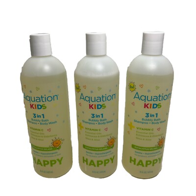 (3) Aquation Kids 3 in 1 HAPPY Bubbly Bath, Shampoo & Body Wash 16 Oz Eucalyptus