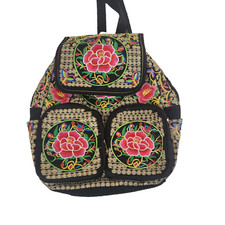 Black Embroidered Mexican Backpack Bag Pink Flowers Travel Pack