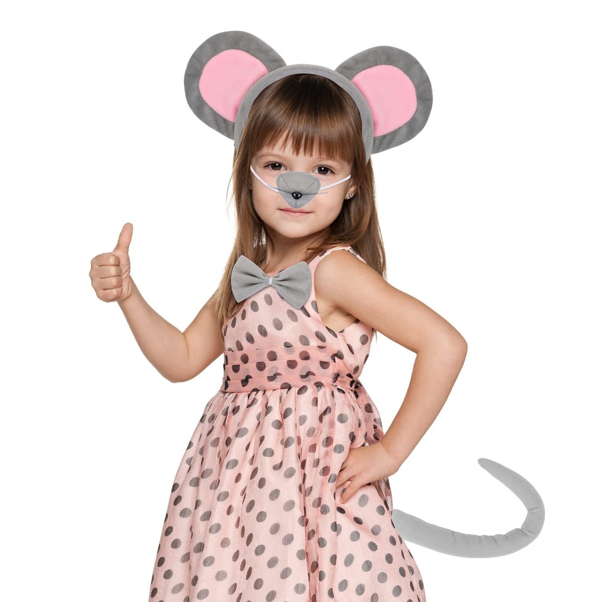 Mouse Costume Set For Kids - 4 Pc Kit With Ears Headband, Nose, Tail & Bow Tie For Halloween & Dress Up