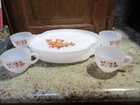 Vintage Federal Milk Glass "Blossum" floral design snack set of 4 in box