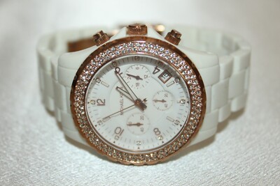 NEW! NWT! MICHAEL KORS White Acrylic Rose Gold Chrono Glitz 